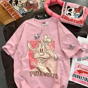 Летняя хлопковая футболка, большая мультяшная ретро-футболка с вышивкой и рукавом до локтя, женская одежда, милые пуловеры, футболки, Топ