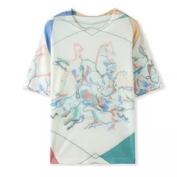 Летняя камвольная водорастворимая шерстяная нижняя рубашка с рисунком тушью, женская свободная тонкая трикотажная футболка с круглым вырезом и короткими рукавами