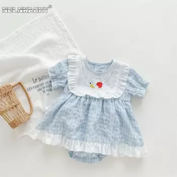 Летняя Клетчатая одежда с коротким рукавом и рюшами My Princess Love, комбинезоны для новорожденных, Хлопковое платье, детские комбинезоны для маленьких девочек