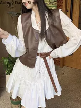 Летняя коричневая кожаная куртка без рукавов Женская Корейская винтажная Весенняя кожаная куртка жилет женская верхняя одежда уличная кожаная куртка