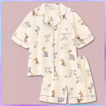 Летняя Милая одежда для сна, женские пижамные комплекты, шорты с коротким рукавом, пижама с большим цветочным принтом, женская пижама