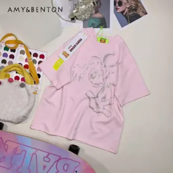 Летняя новая милая крутая футболка, модная Тяжелая вышивка, алмазные упражнения, мультяшный узор спереди и сзади, Повседневная футболка с коротким рукавом