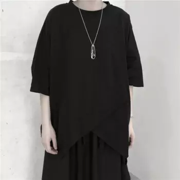 Летняя новая женская Однотонная футболка с круглым вырезом и асимметричным перекрестным дизайном, модная повседневная свободная футболка с коротким рукавом
