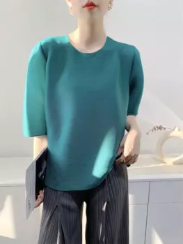 Летняя новая женская Однотонная футболка с зубочисткой, складками, мияка, модная свободная футболка с коротким рукавом