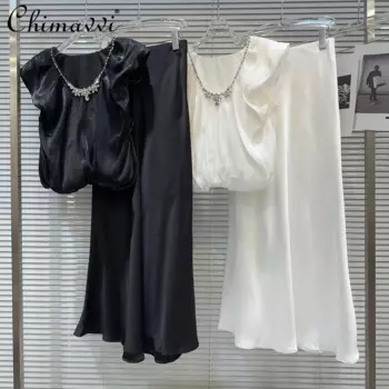 Летняя одежда 2024, новинка, Модный женский костюм с круглым вырезом, шифоновый топ, атласная юбка-годе, темпераментный Костюм-двойка, женский костюм