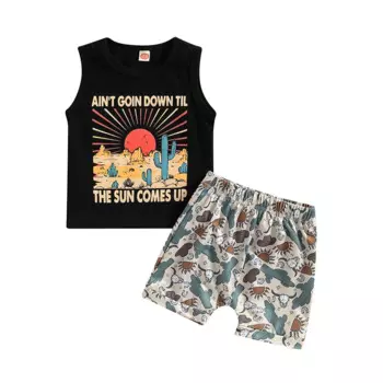 Летняя одежда для маленьких мальчиков, наряды, Майки с круглым вырезом и буквенным принтом, топы без рукавов и шорты с принтом головы кактуса и коровы, костюм из 2 предметов