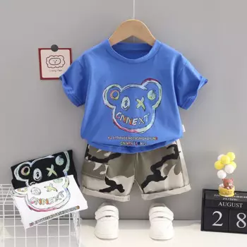 Летняя одежда для маленьких мальчиков, новые модные футболки с круглым вырезом и принтом мультфильмов, топы и камуфляжные шорты, костюмы, комплект одежды, детские спортивные костюмы
