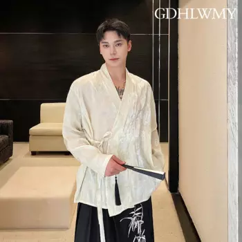 Летняя Осенняя модная мужская одежда GDHLWMY в китайском стиле с воротником-стойкой шелковая блестящая Мужская и женская Свободная рубашка с длинным рукавом