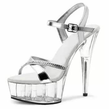 Летняя прозрачная подошва, новые сексуальные туфли на высоком каблуке, женские туфли, серебристые танцевальные туфли на высоком каблуке 15 см