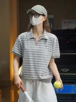 Летняя женская повседневная полосатая футболка-поло с коротким рукавом и вышивкой