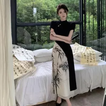 Лето 2023, Cheongsam Chi-pao, улучшенное чернильное китайское традиционное платье Ципао, женская одежда, роскошная одежда с коротким рукавом