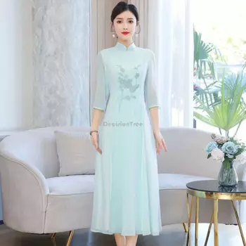 Лето 2023, длинное шифоновое платье Cheongsam в китайском стиле Hanfu с вышивкой, улучшенное шифоновое платье Ципао с короткими рукавами, дзен, чайное платье w427