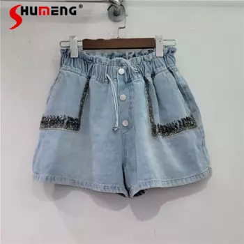 Лето 2023, европейские товары, новые тяжелые Промышленные джинсовые шорты с карманами и бусинами, стройнящие Широкие джинсовые шорты с высокой талией для женщин