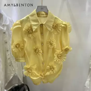 Лето 2023, новые рубашки, корейская мода, повседневная милая женская стильная шелковая хлопковая рубашка с трехмерным цветком и короткими рукавами, блузка Ins