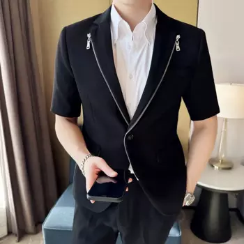 Лето 2023, пиджаки с украшением на молнии, мужской повседневный деловой костюм, приталенная куртка с рукавами 3/4, уличная социальная куртка, мужская одежда