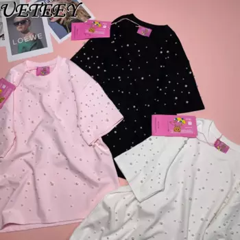 Лето 2024, новая милая крутая модная черная футболка ручной работы с бисером, женская свободная повседневная универсальная свободная футболка с коротким рукавом, топ