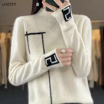LHZSYY 2023, осень/зима, свитер из 100% чистой шерсти, женский модный жаккардовый джемпер, свободные вязаные топы, кашемировая блузка с полуводолазкой