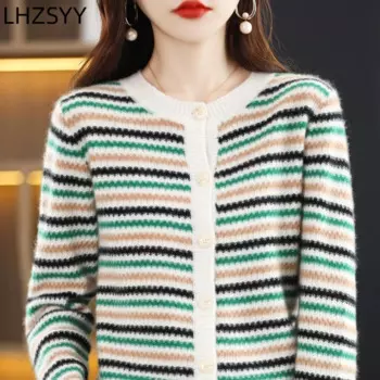 LHZSYY 2023, осенний новый кашемировый кардиган, женская вязаная куртка, полосатая рубашка с круглым вырезом, свободный свитер большого размера, пальто из 100% чистой шерсти, топ