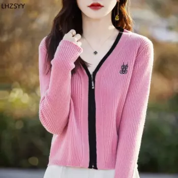 LHZSYY, новинка весны, кардиган из 100% мериносовой шерсти, женские тонкие куртки на молнии с вышивкой, короткое пальто с v-образным вырезом, свитер, базовая рубашка Joker Tide