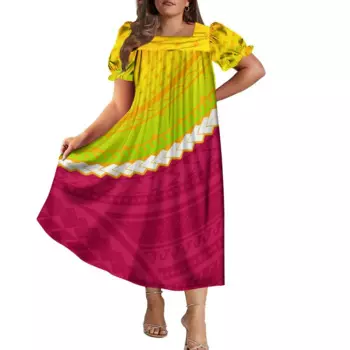 Лидер продаж 2024, новый дизайн Mumu, женское платье с квадратным вырезом, полинезийское племя, дизайн, гавайское модное платье с коротким рукавом