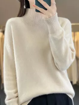 Лидер продаж, женский свитер из 100% мериносовой шерсти, сезон осень-зима, утепленный теплый пуловер с ложным воротником, женский свободный вязаный джемпер большого размера