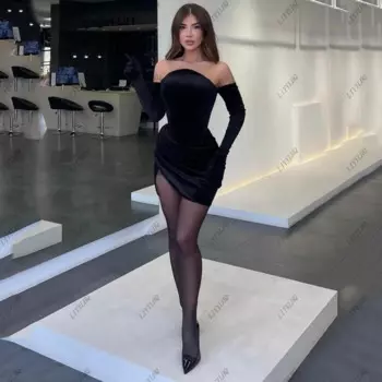 LIYYLHQ, Черное мини-платье для выпускного, с перчатками, с открытыми плечами, официальное платье принцессы, платье, арабское женское вечернее платье до щиколотки