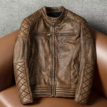 LNY Shop.2025 Брендовая винтажная коричневая куртка из коровьей кожи. Настоящее пальто качества Moto Rider, Распродажа, мужская ткань