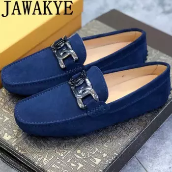 Лоферы мужские из воловьей замши, повседневные деловые туфли, металлический декор, без застежки, итальянские брендовые, мокасины