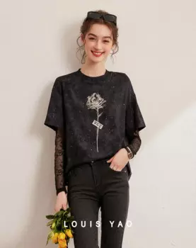 LOUIS YAO 2024, дизайнерская футболка из двух предметов, осеннее издание, женская футболка с круглым вырезом, свободная женская футболка с длинными рукавами