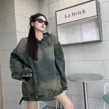 Lucyever винтажная джинсовая рубашка с капюшоном для женщин Harajuku уличная одежда свободные Y2K толстовки Женская мода оверсайз толстовка с капюшоном