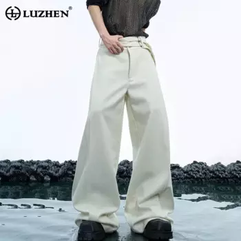 LUZHEN дизайн с двойным поясом, широкие брюки с высокой талией, простые толстые модные универсальные элегантные мужские брюки 2024, LZ7038