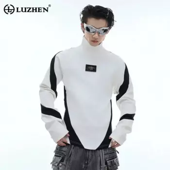 LUZHEN контрастного цвета в стиле пэчворк, базовая рубашка с полувысоким воротником, мужская тонкая футболка с длинными рукавами, осенний мужской топ LZ5248