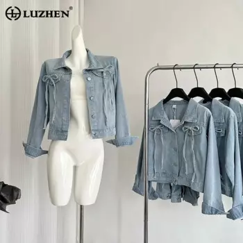 LUZHEN модная повседневная короткая джинсовая куртка с карманами на шнуровке, женская осенняя однотонная винтажная ковбойская уличная куртка 2024, AA1688