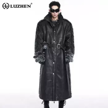 LUZHEN Роскошная теплая длинная кожаная ветровка в стиле пэчворк из искусственного меха, элитные персонализированные темпераментные мужские плащи 2024, LZ7321