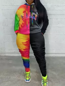 LW Большой размер, комплект из 2 предметов, спортивный костюм с принтом Tie Dye, осенне-зимний комплект из двух предметов, женский спортивный костюм, женская спортивная толстовка с капюшоном, спортивная одежда
