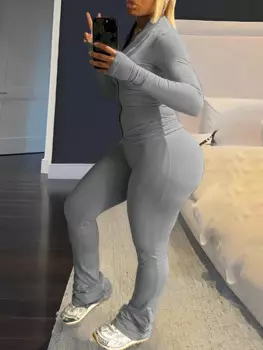 LW Брюки из двух предметов для женщин 2024, осень-зима, однотонные топы с длинным рукавом и воротником-стойкой, повседневные облегающие спортивные костюмы, комплект женских