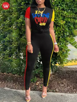 LW Полосатые брюки, комплект из 2 предметов, женская одежда, осень 2024, футболка с круглым вырезом и коротким рукавом с буквенным принтом, женские повседневные узкие брюки, женский комплект