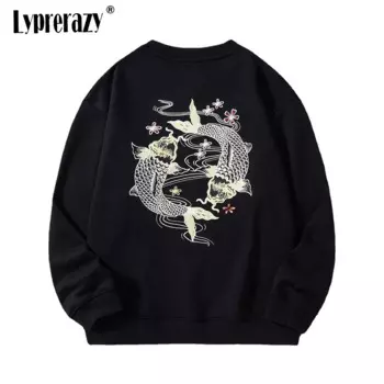 Lyprerazy худи в китайском стиле с вышивкой в виде рыбок и кои, повседневные Пуловеры с круглым вырезом и вышивкой в национальном стиле