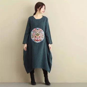 LZJN осенне-зимнее платье-рубашка с круглым вырезом, женское винтажное платье с длинным рукавом, жаккардовое платье с цветочной вышивкой и карманами MF-62