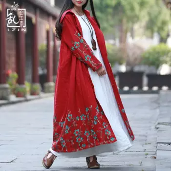LZJN Женская куртка и пальто хлопковая винтажная ветровка китайское длинное пальто с капюшоном плащ кардиган с вышивкой PX12152