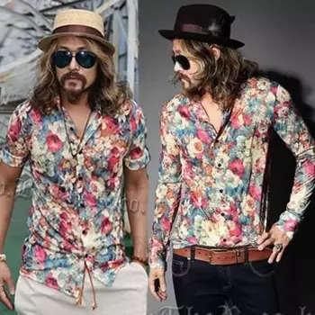 M-4xl! Мужская футболка с длинным рукавом, лето размера плюс, певица, ретро, мода, большие цветы, шелк, шифон, рубашка, костюмы, одежда