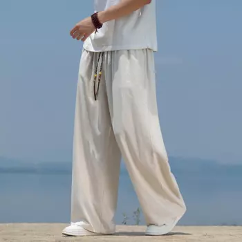 M-XXXXXL Мужские повседневные широкие брюки с эластичной резинкой на талии размера плюс, однотонные льняные хлопковые длинные брюки с карманами 5XL