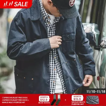 Maden Мужская куртка цвета темно-синего цвета охотничья куртка Отложной воротник ассиметричные много карманов хлопковая повседневная верхняя одежда Свободный крой Размер S-XXL