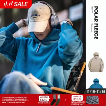 Maden Мужская повседневная толстовка с капюшоном из двустороннего флиса Манжеты в рубчик Невидимые карманы по бокам Теплая толстовка на голову для осени Верхняя одежда куртка