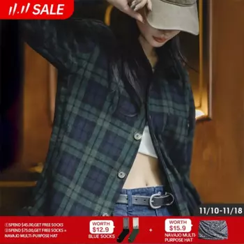 Maden Женская классическая синяя и зеленая клетчатая рубашка куртка винтажная повседневная свободная куртка с отложным воротником и пуговицами женская осенняя и зимняя куртка в стиле oversize