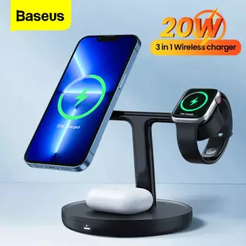 Магнитная Беспроводная зарядная подставка Baseus 20 Вт для iPhone 13 Pro Max 3 в 1 Qi Быстрая зарядка для Apple iPhone 12 Watch 7 Airpods Pro