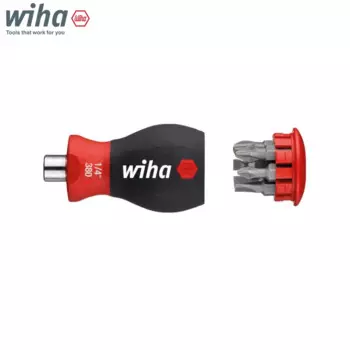 Магнитная отвертка Wiha 33738 с библиотекой лезвий и 6 шлицевыми головками с Phillips и короткой ручкой 1/4 дюйма