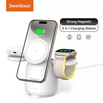 Магнитная зарядная станция SwanScout 707M для iPhone 16, 15, 14, 13, 12, подставка для беспроводного зарядного устройства Apple Watch 2-10 SE для AirPods 4