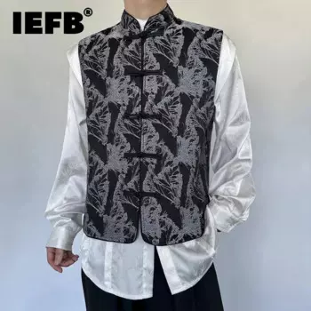 Майка IEFB Мужская/Женская жаккардовая с воротником-стойкой, Модный повседневный топ без рукавов, жаккардовая парча, черный цвет, 9C7144
