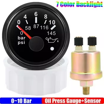 Манометр масла 0 ~ 5 бар с сигнализацией, 7 цветов, подсветка, 52 мм, измеритель масла + датчик 0 ~ 10 бар для авто, морской лодки, 12 В, 24 В, на заказ